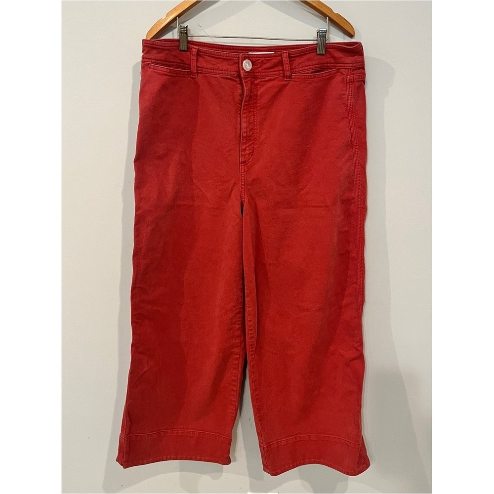 LOFT Curvy High Waist Wide Leg Crop Pants Red 14 32 Stretch Denim Trousers